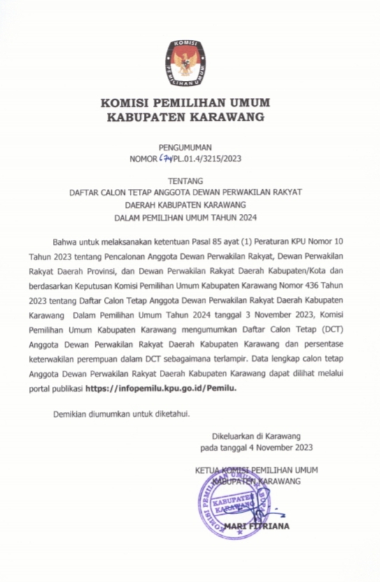 KPU : Daftar Calon Tetap Anggota DPRD Karawang Dalam Pemilihan Umum ...